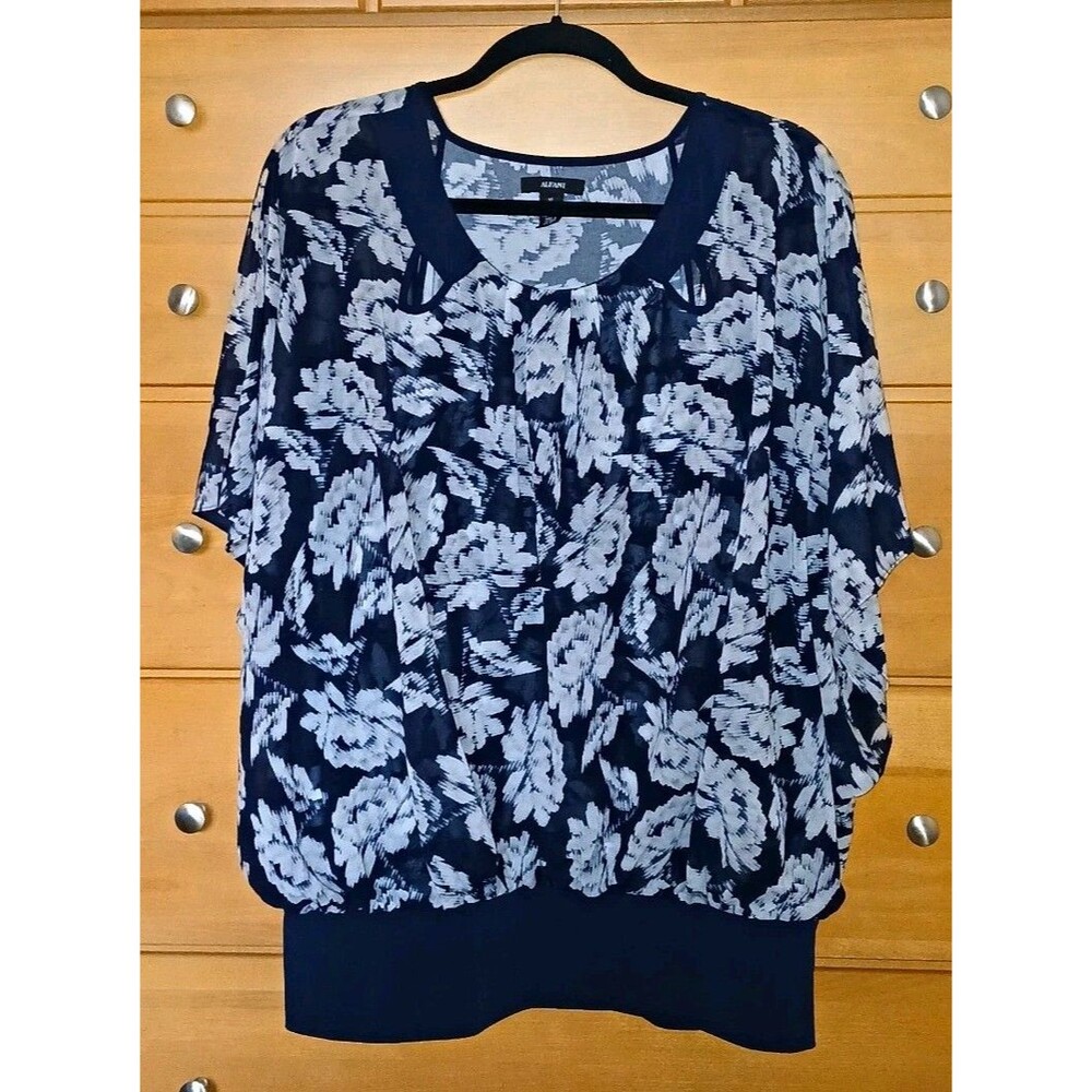 alfani Womens XL Floral Chiffon Sheer Dolman Pullover Round Neck Navy White top